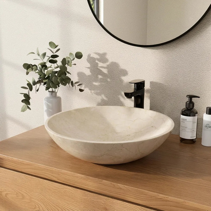 17 Inch Round Bowl Crema Marfil Marble Bathroom Artistic Vessel Sink