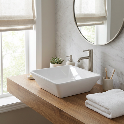 16-inch square modern white ceramic vessel sink on wooden countertop with mirror and decor.
