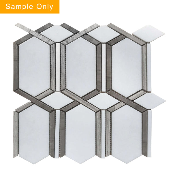 Thassos & Wooden & Athens Gray Polished Waterjet Mosaic Floor and Wall Tile - Sample (Product Shown is Full Size)