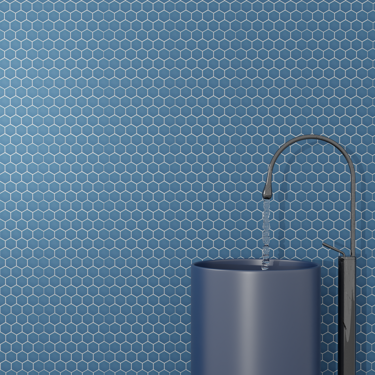 Navy Blue Wave Hexagon Matte Porcelain Tile flooring for bathroom – durable and stylish matte finish mosaic.