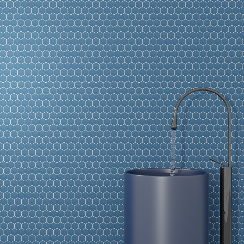 Navy Blue Wave Hexagon Matte Porcelain Tile flooring for bathroom – durable and stylish matte finish mosaic.