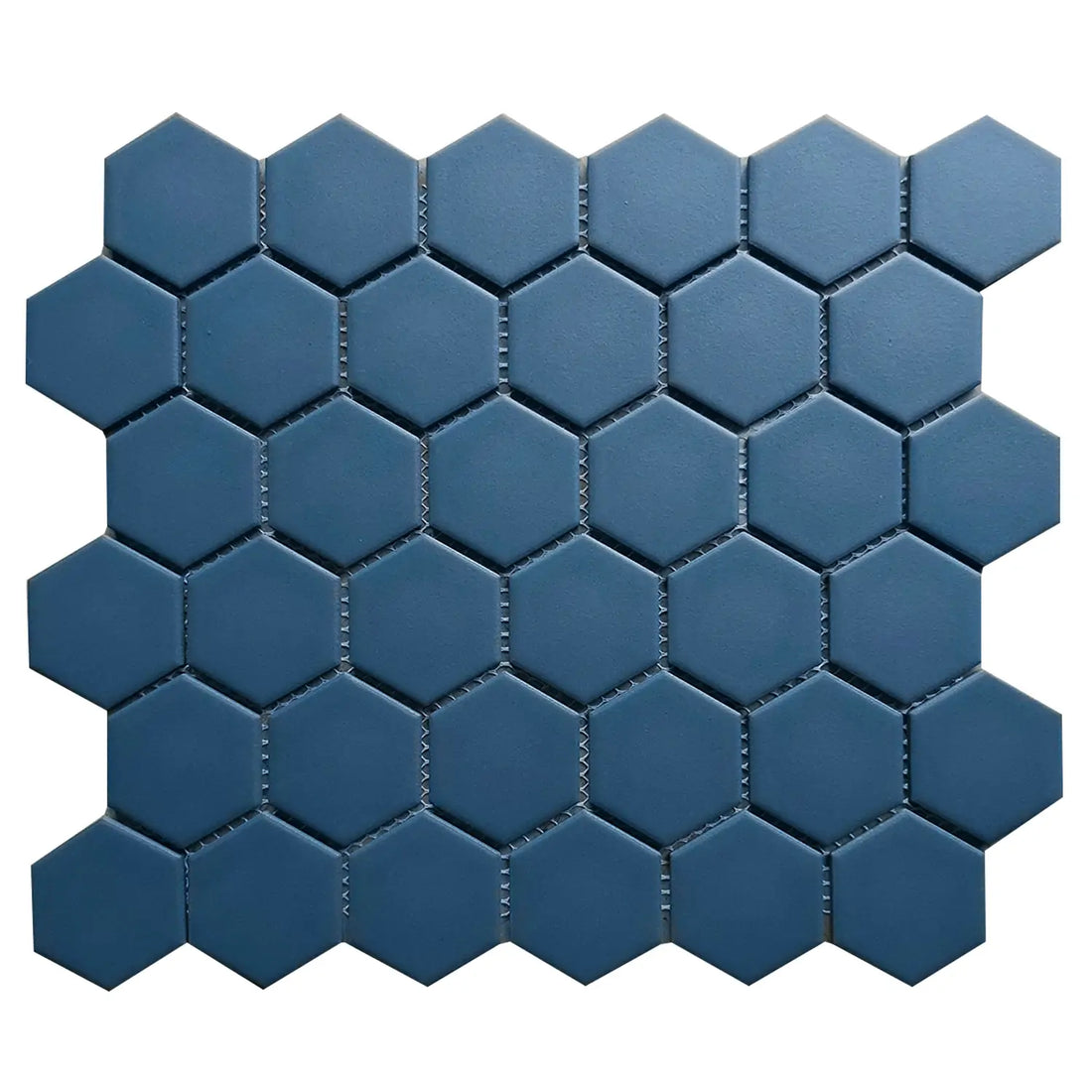 Single 13x11 inch Wave Navy Blue 2-in Hexagon Matte Porcelain Mosaic Tile – deep navy blue hexagon pattern with matte finish.