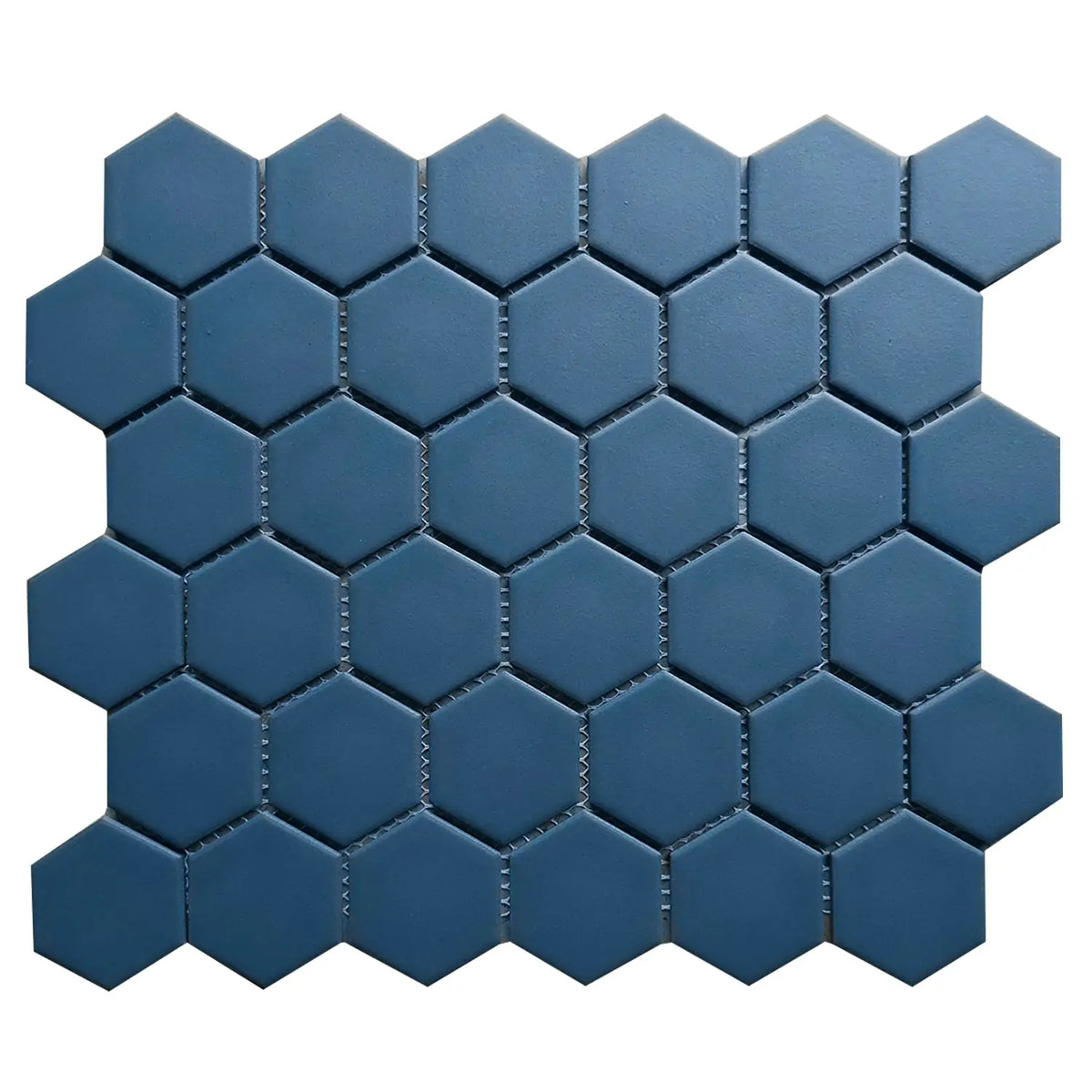 Single 13x11 inch Wave Navy Blue 2-in Hexagon Matte Porcelain Mosaic Tile – deep navy blue hexagon pattern with matte finish.