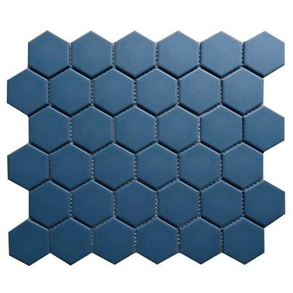 Single 13x11 inch Wave Navy Blue 2-in Hexagon Matte Porcelain Mosaic Tile – deep navy blue hexagon pattern with matte finish.