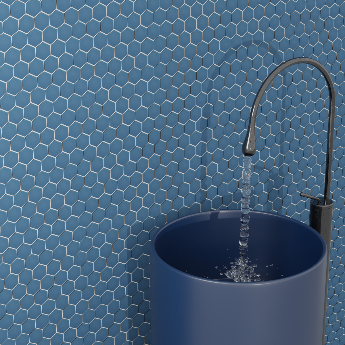 Navy Blue Wave Hexagon Matte Mosaic Tile flooring in kitchen – bold and modern porcelain mosaic design.