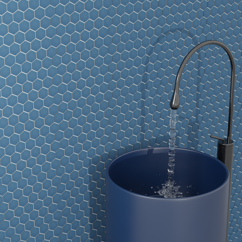 Navy Blue Wave Hexagon Matte Mosaic Tile flooring in kitchen – bold and modern porcelain mosaic design.