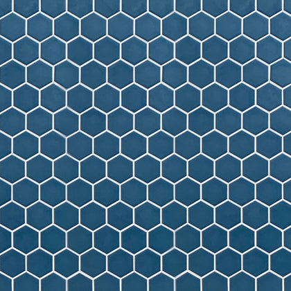 Display board featuring Wave Navy Blue 2-inch Hexagon Matte Porcelain Mosaic Tile – elegant navy blue pattern layout.