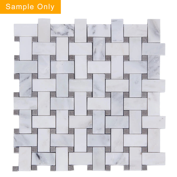 Oriental White + Gray Lady Polished Basketweave Marble Mosaic Floor and Wall Tile - Sample (Product Shown is Full Size)