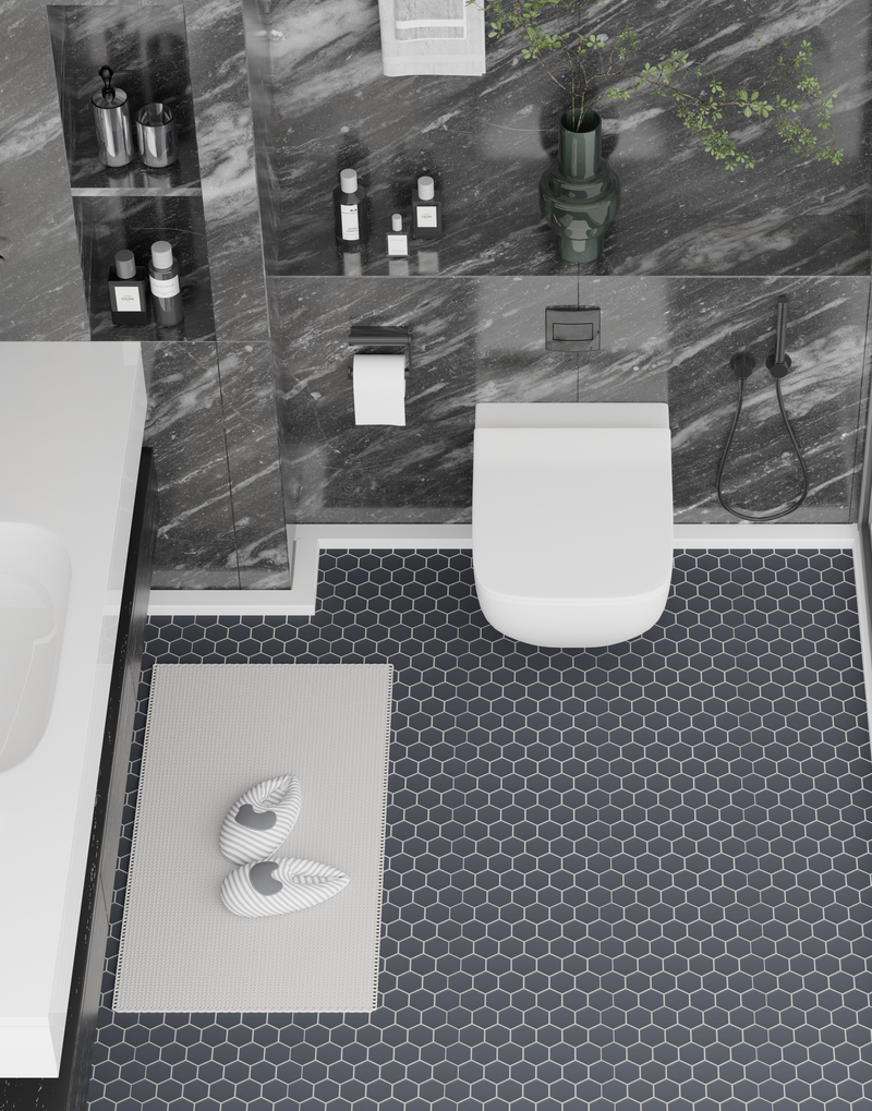 Black Hexagon 2-inch Porcelain Mosaic Tile as bathroom wall accent – elegant matte surface for a contemporary look.