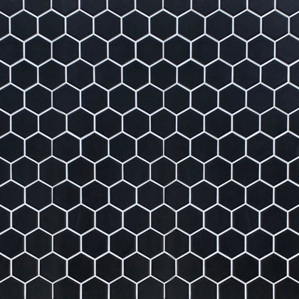 Showroom board of 13x11 inch Black Hexagon Matte Porcelain Mosaic – sleek modern presentation with bold geometric design.