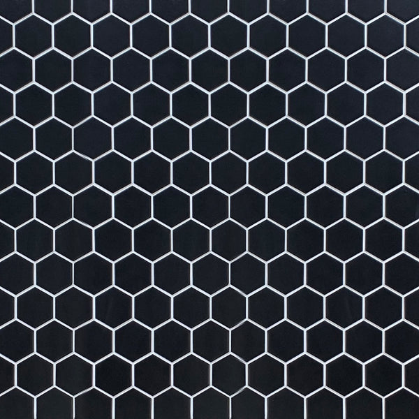 Showroom board of 13x11 inch Black Hexagon Matte Porcelain Mosaic – sleek modern presentation with bold geometric design.