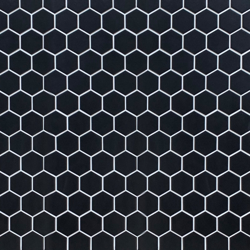 Showroom board of 13x11 inch Black Hexagon Matte Porcelain Mosaic – sleek modern presentation with bold geometric design.