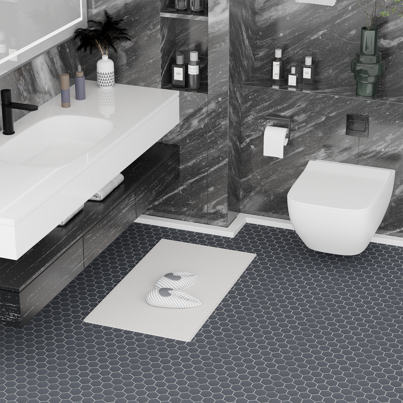 Bathroom floor design with 13x11 inch Black Hexagon Mosaic Tiles – adds geometric charm and bold style.