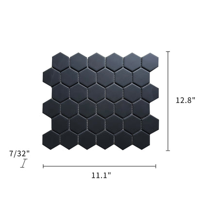 Size diagram of 13x11 inch Black Matte Porcelain Hexagon Mosaic Tile – labeled with tile dimensions and square footage.