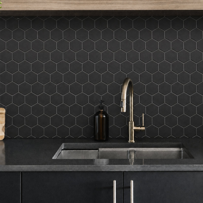 Black - 2-in Hexagon 13-in x 11-in Matte Porcelain Mosaic Floor and Wall Tile( 20 sq. ft. /Box )