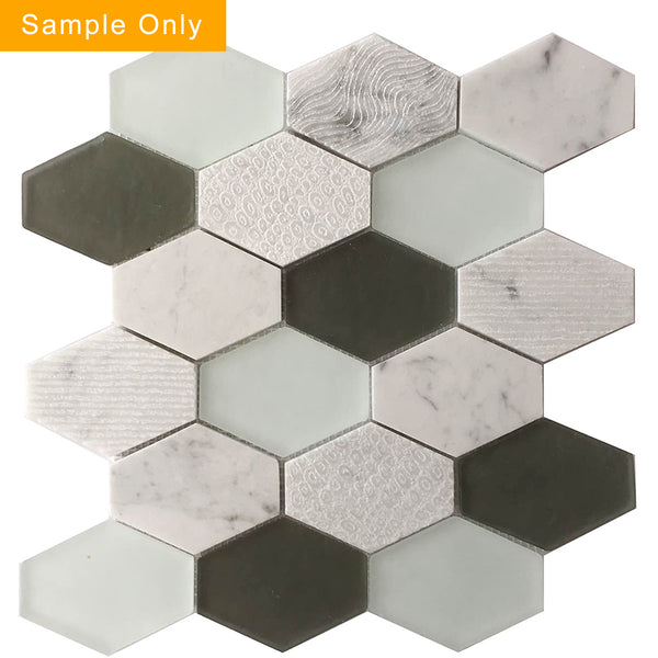 Anthracite Geo Hexagon Sequin Pattern Marble with Glass Mosaic Wall Tile - Sample (Product Shown is Full Size)
