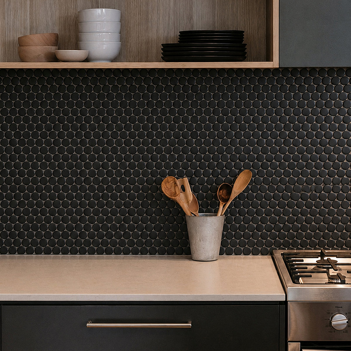 Penny Round Black 12.4-in x 11-1/2-in Matte Glazed  Porcelain Mosaic Floor and Wall Tile( 20 sq. ft. /Box )