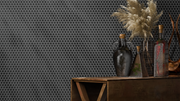 Modern kitchen backsplash with Penny Round Black Porcelain Mosaic Tile – matte 12.4x11.5 in. sheet.