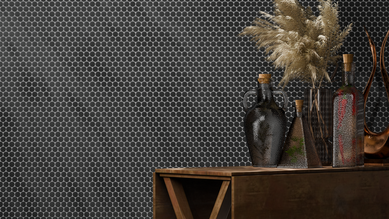 Modern kitchen backsplash with Penny Round Black Porcelain Mosaic Tile – matte 12.4x11.5 in. sheet.