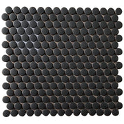 Matte glazed black penny round mosaic tile – 12.4-in x 11.5-in for wall and floor applications.