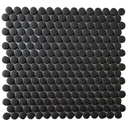 Matte glazed black penny round mosaic tile – 12.4-in x 11.5-in for wall and floor applications.