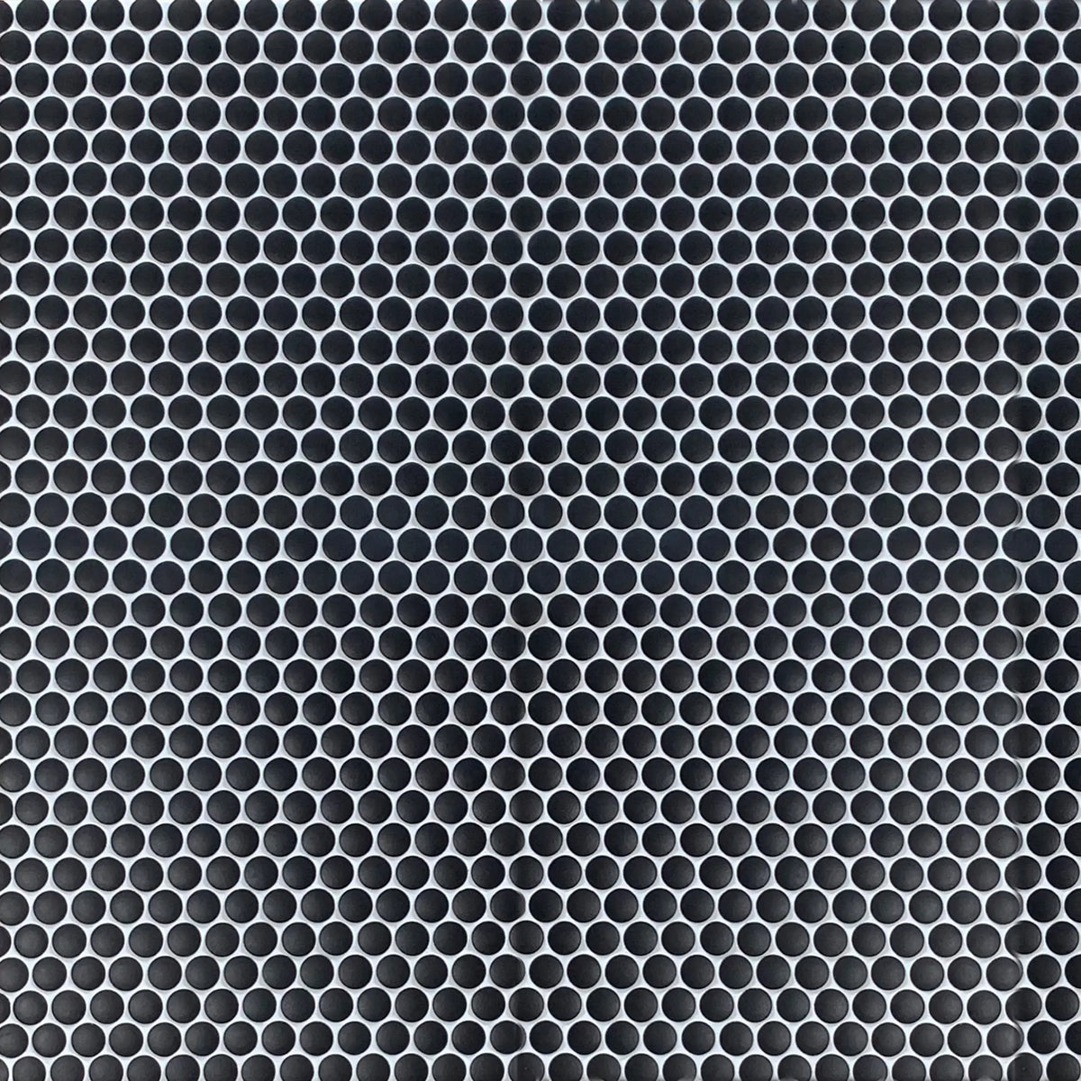 Sample board featuring Penny Round Black Porcelain Tile – matte finish 12.4-in x 11.5-in layout.