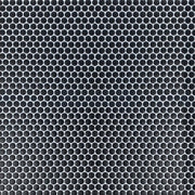 Sample board featuring Penny Round Black Porcelain Tile – matte finish 12.4-in x 11.5-in layout.