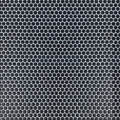 Sample board featuring Penny Round Black Porcelain Tile – matte finish 12.4-in x 11.5-in layout.