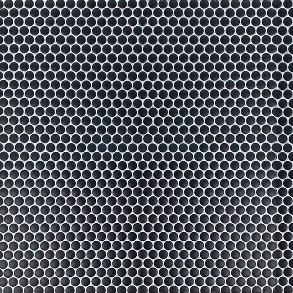 Sample board featuring Penny Round Black Porcelain Tile – matte finish 12.4-in x 11.5-in layout.