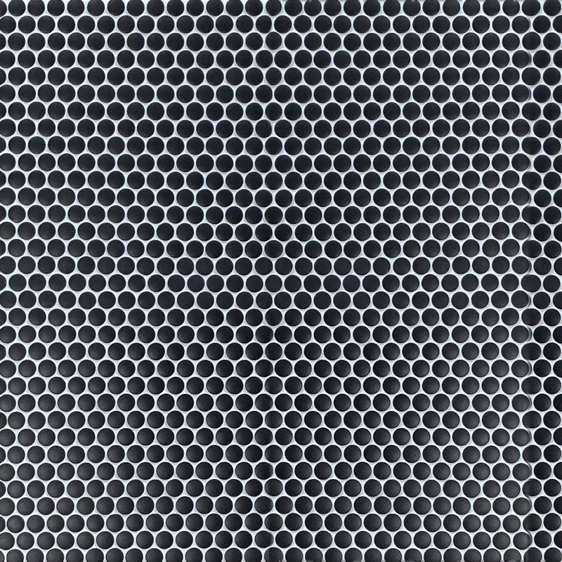 Sample board featuring Penny Round Black Porcelain Tile – matte finish 12.4-in x 11.5-in layout.