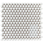 Single 12.4x11.5 inch Penny Round White Porcelain Mosaic Tile – matte glazed surface, ideal for floor and wall installations.
