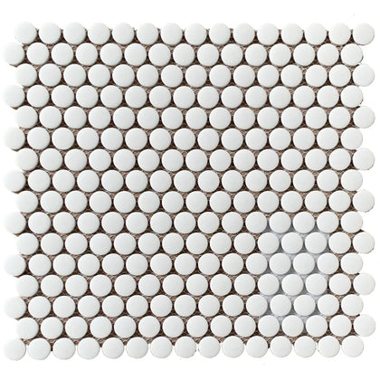 Single 12.4x11.5 inch Penny Round White Porcelain Mosaic Tile – matte glazed surface, ideal for floor and wall installations.