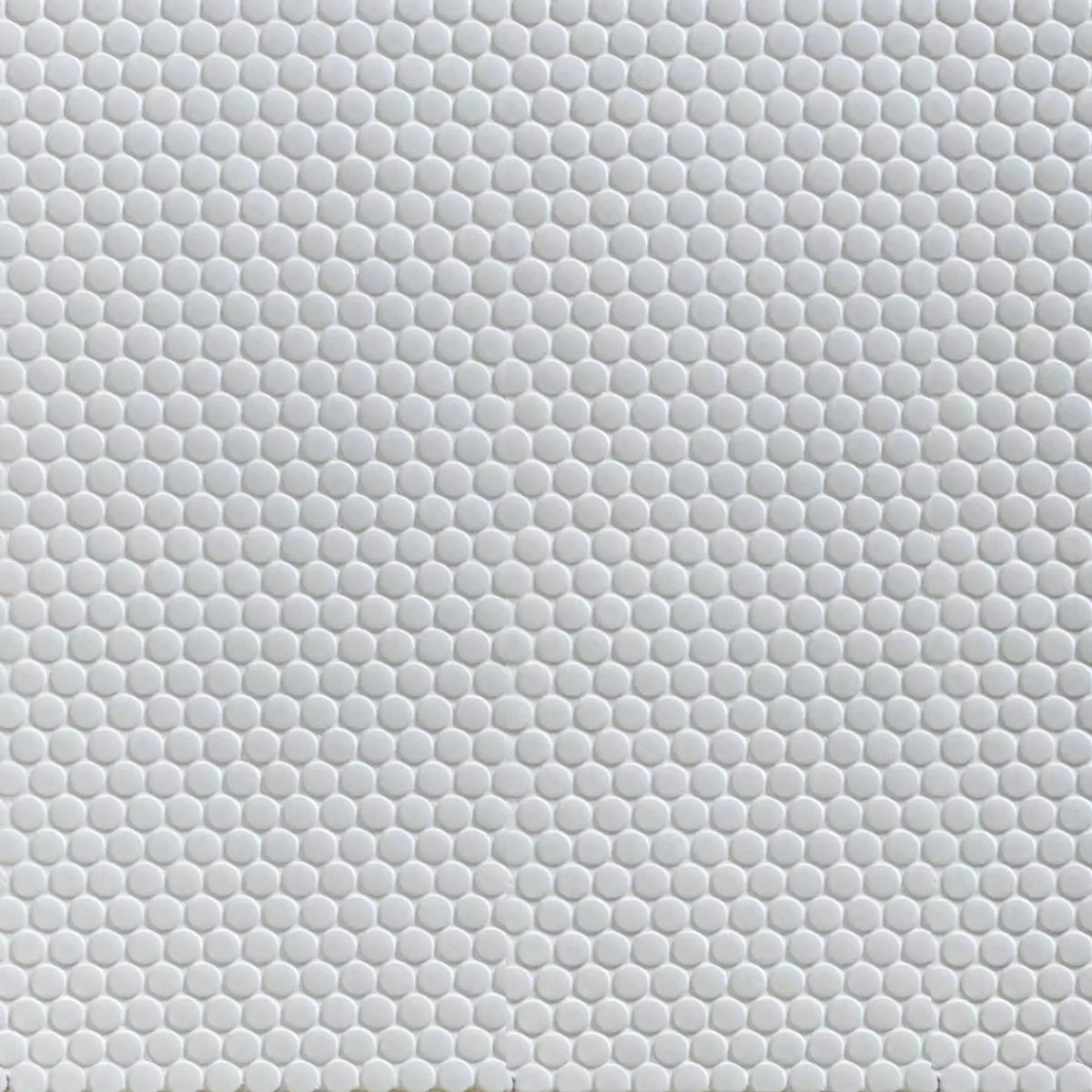 Sample display board of Penny Round White Porcelain Mosaic Tile – 12.4x11.5 inch matte sheet mounted for showroom presentation.