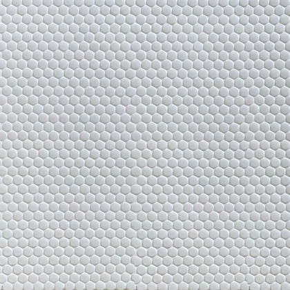 Sample display board of Penny Round White Porcelain Mosaic Tile – 12.4x11.5 inch matte sheet mounted for showroom presentation.