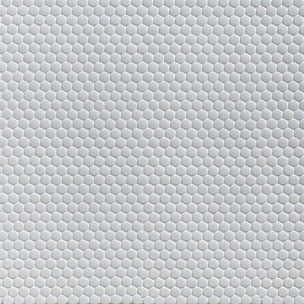 Sample display board of Penny Round White Porcelain Mosaic Tile – 12.4x11.5 inch matte sheet mounted for showroom presentation.