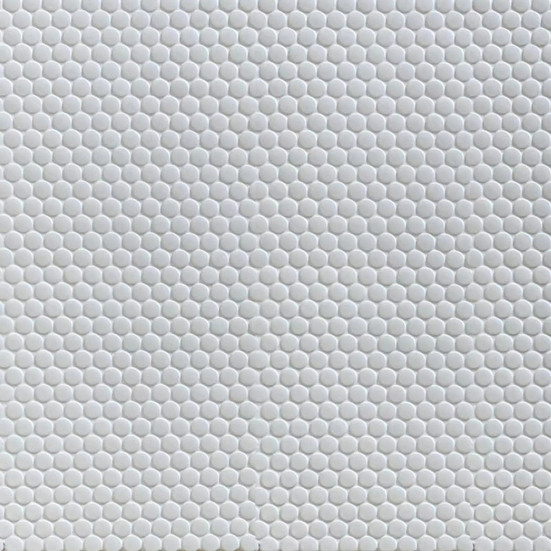 Sample display board of Penny Round White Porcelain Mosaic Tile – 12.4x11.5 inch matte sheet mounted for showroom presentation.