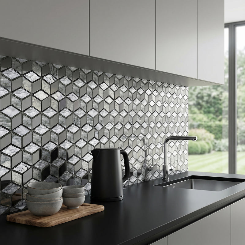 Silver Cubes Pattern 12-in x 12-1/2-in Glass Mosaic Wall Tile( 15.6 sq. ft. /Box )