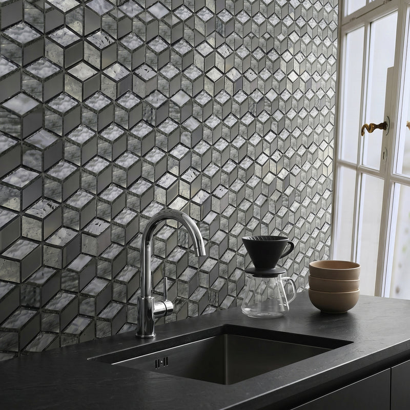 Silver Cubes Pattern 12-in x 12-1/2-in Glass Mosaic Wall Tile( 15.6 sq. ft. /Box )