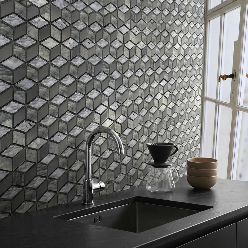 Silver Cubes Pattern 12-in x 12-1/2-in Glass Mosaic Wall Tile( 15.6 sq. ft. /Box )