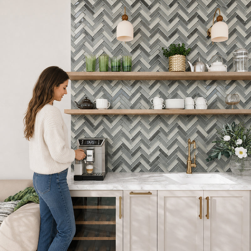 Misty Gray 11-in x 13-in Herringbone Glass Mosaic Wall Tile( 9.5 sq. ft. /Box )