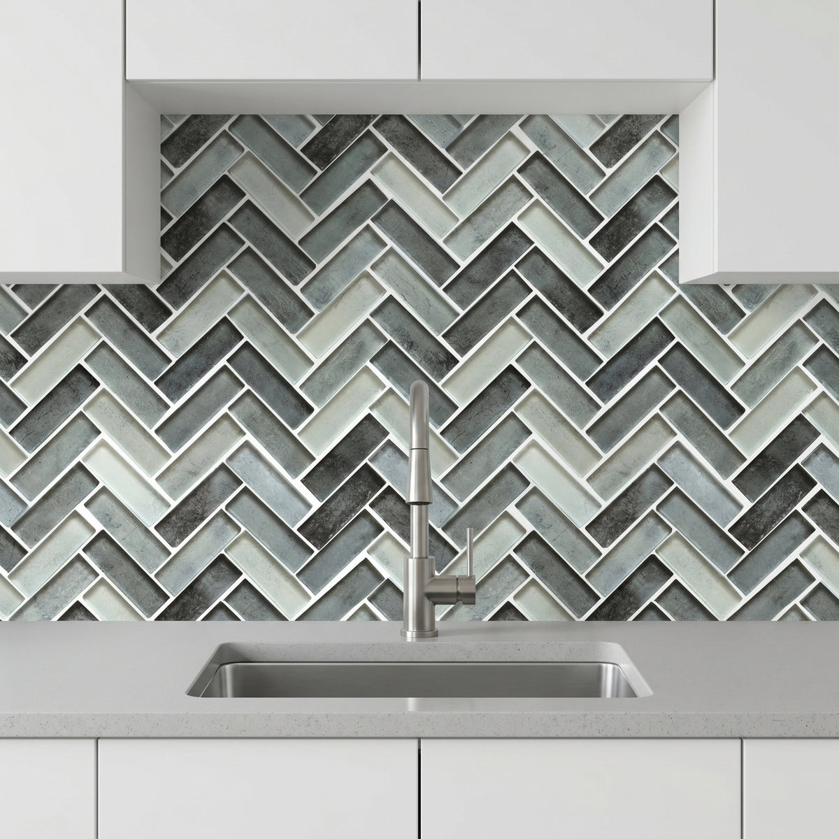 Misty Gray 11-in x 13-in Herringbone Glass Mosaic Wall Tile( 9.5 sq. ft. /Box )