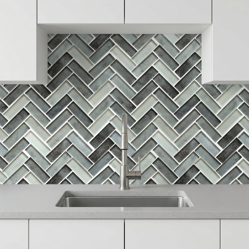 Misty Gray 11-in x 13-in Herringbone Glass Mosaic Wall Tile( 9.5 sq. ft. /Box )