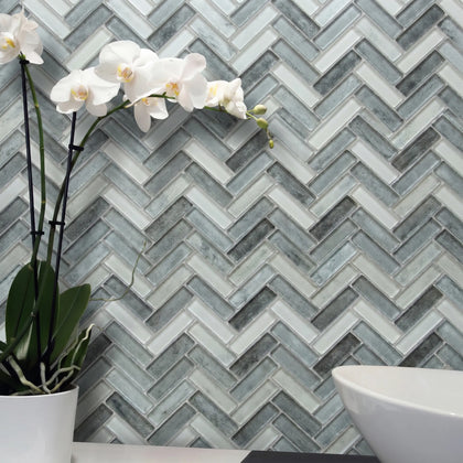 Misty Gray 11-in x 13-in Herringbone Glass Mosaic Wall Tile( 9.5 sq. ft. /Box )