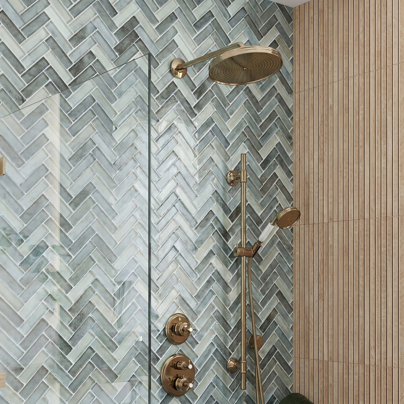 Misty Gray 11-in x 13-in Herringbone Glass Mosaic Wall Tile( 9.5 sq. ft. /Box )