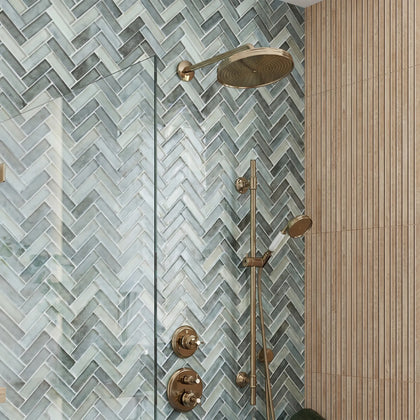 Misty Gray 11-in x 13-in Herringbone Glass Mosaic Wall Tile( 9.5 sq. ft. /Box )