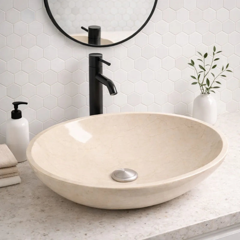 17 Inch Round Bowl Crema Marfil Marble Bathroom Artistic Vessel Sink