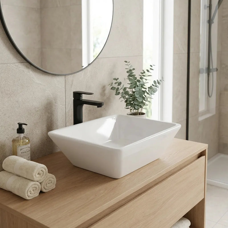 16" x 16" x 5" Square Modern White Ceramic Bathroom Vessel Sink
