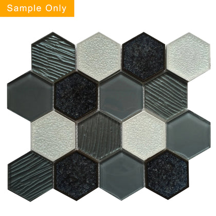 Palladian Gray Hex Glass & Porcelain Mosaic Wall Tile - Sample (Product Shown is Full Size)