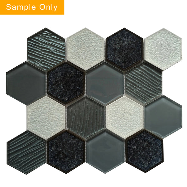 Palladian Gray Hex Glass & Porcelain Mosaic Wall Tile - Sample (Product Shown is Full Size)