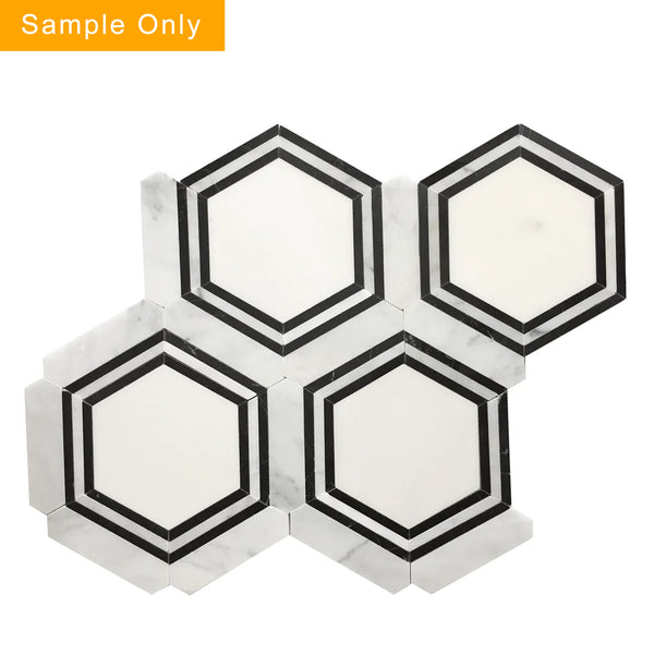 Black & White Hexagon Polished Waterjet Mosaic Floor and Wall Tile - Sample (Product Shown is Full Size)